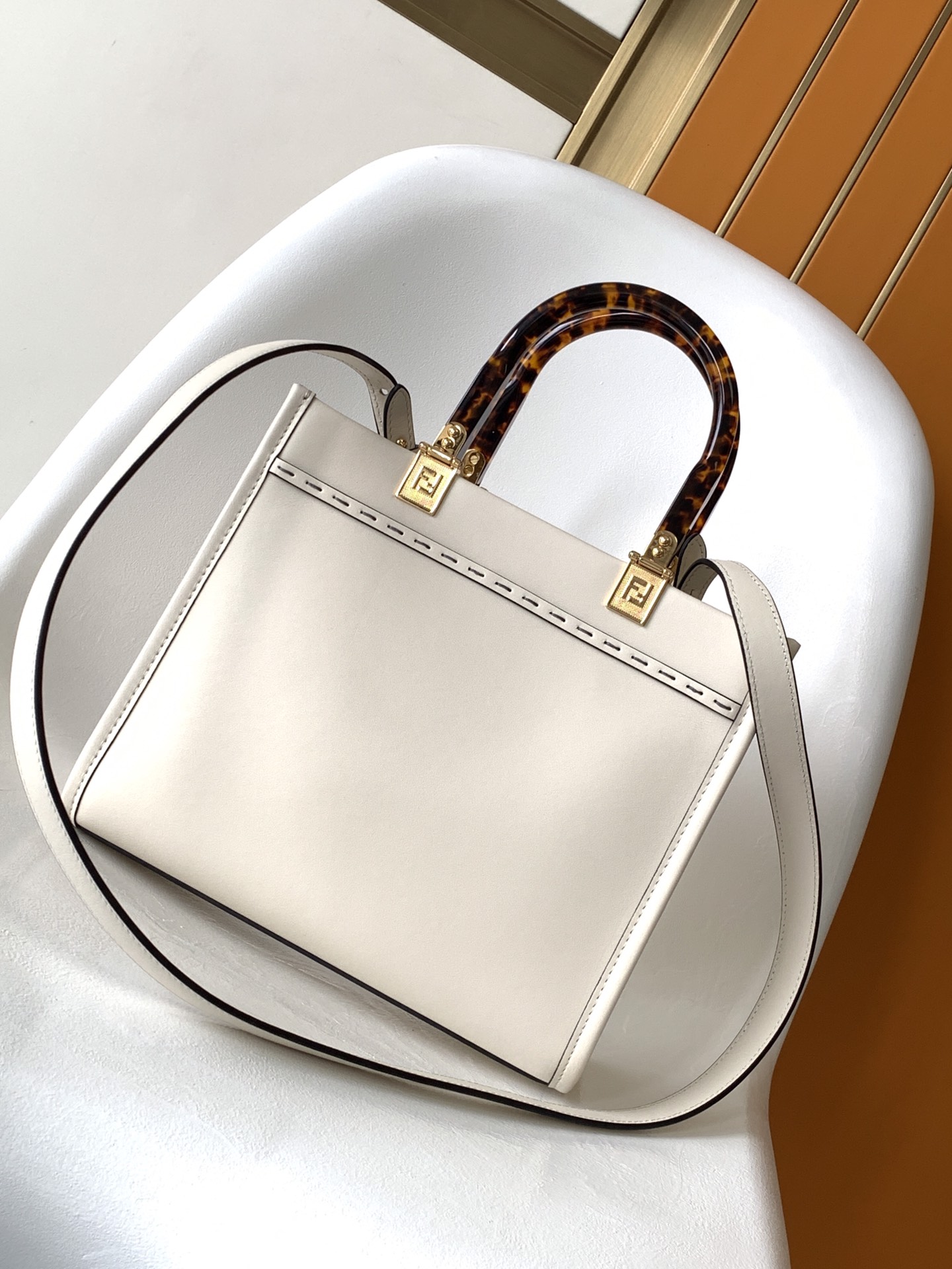 Fendi Small Sunshine Shopper White Calfskin Leather Bag 